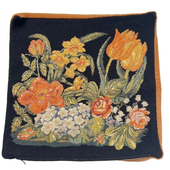 Flemish Tapestry Pillow Cover Still Life Floral  24" Square Gold Velvet Back Zip - Picture 1 of 2